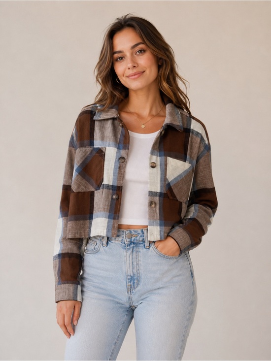 Ashley By 26 International Tops - Ashley By 26 International Plaid Shacket in Brown, Cream & Blue Oversize